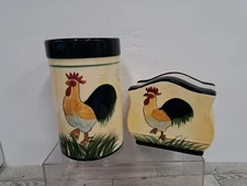 Vintage Farmhouse Rooster Kitchen Ceramic 7" Utensil / Napkin Holders Country