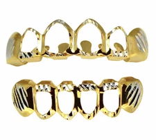 Open Face Two Tone Plated Dia Cut Custom Fit Teeth Top Bottom Grillz + Molds