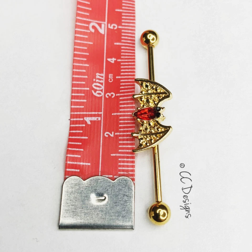 14g gold IP red sparkle cz gothic bat industrial bar H54 - Image 2 of 2