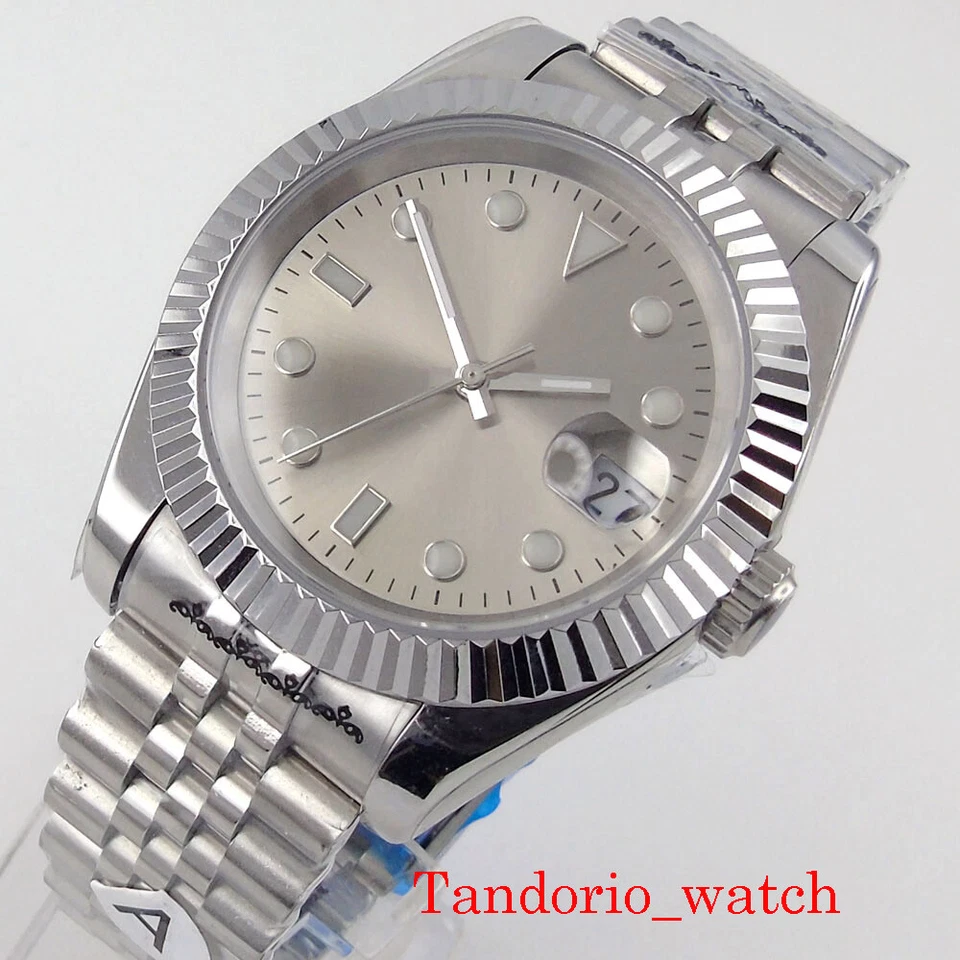 Reloj 39 mm esfera gris Sunburst NH35A PT5000 cristal de zafiro bisel estriado Jubilee Foto 2 de 4