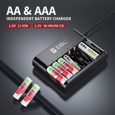 Set EBL 8 Batterie AA Ricaricabili 1.5V 3000mWh + Caricabatterie 8 Slot Intelligente – Ricarica Indipendente, USB 2A, Protezioni Multiple, Con Custodia