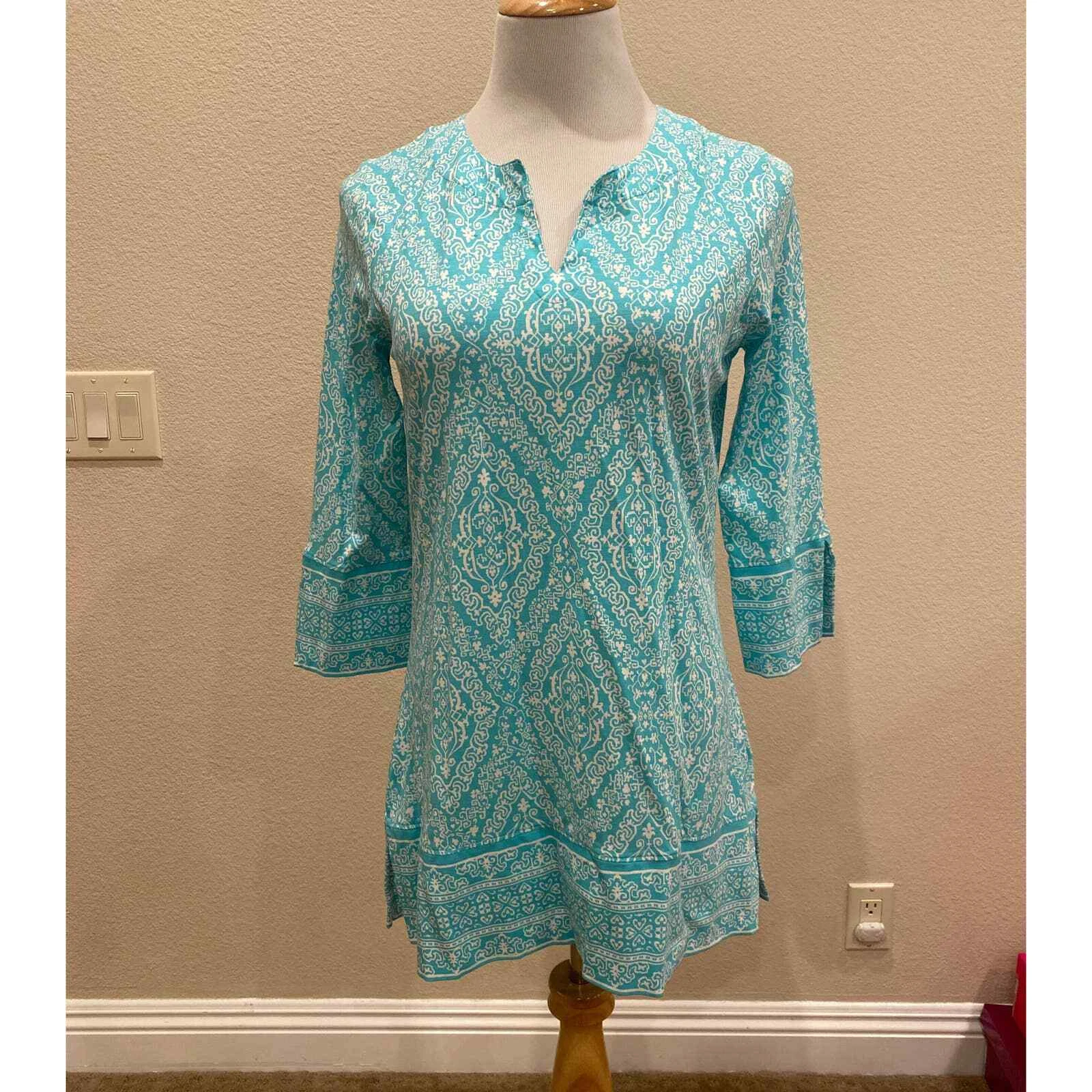 Coolibar St. Lucia Tunic Top Sun Protective Aqua Print 3/4 Sleeves Size Small