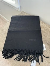 NEW Moschino Italy Made Embroidered Logo Wool Fringe Scarf Black