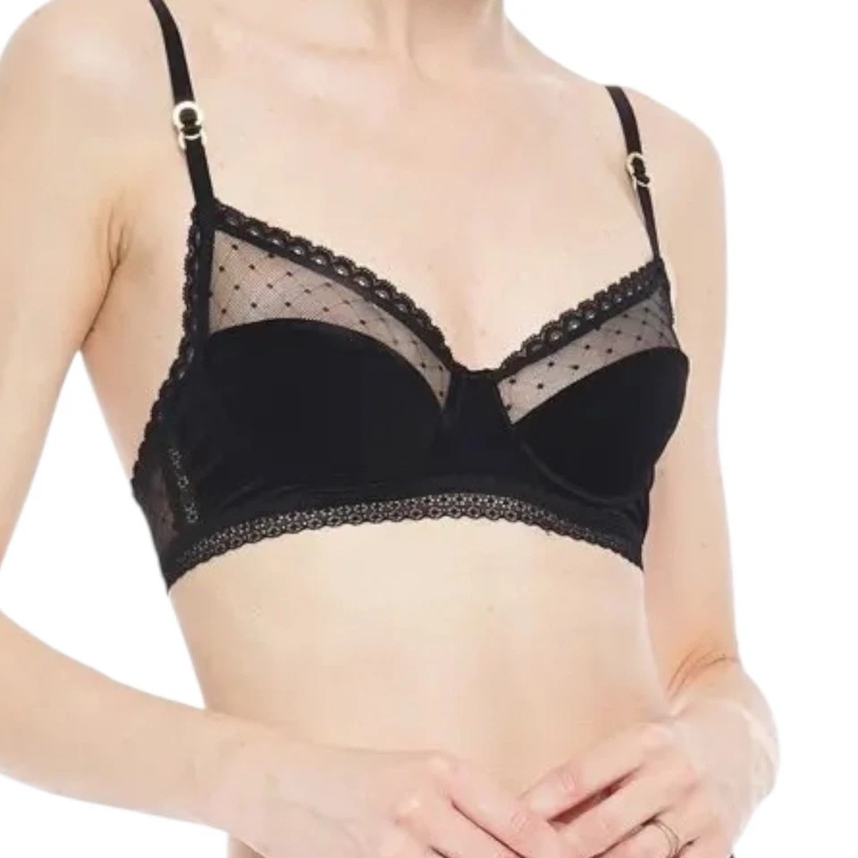 Stella McCartney Black Lace Mesh Underwire Bra 34E Sheer Polka Dot Gold Hardware - Image 2 of 4