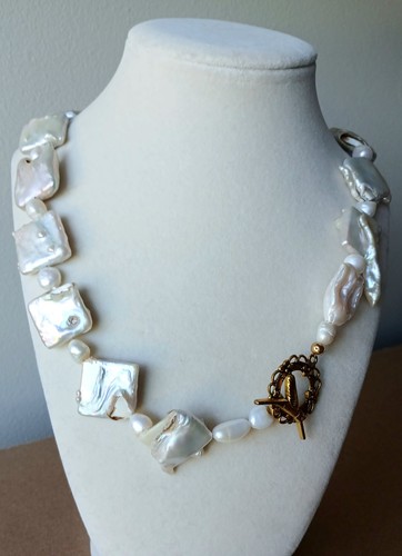 Stunning 24" Natural Baroque Flat Bead Freshwater Pearl Necklace