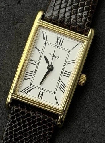 Vtg New 1998 TIMEX Tank Womens 32mm Quartz Watch Gold White Roman Num Gen Lizard