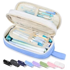  Large Pencil Case, Expandable Pencil Bag with 5 Compartments, Big Sky Blue