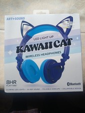 ART SOUND Kawaii Cat LED Bluetooth Wireless Kids Headphones Blue