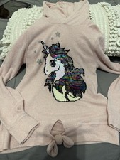 Girls Sequence, Rainbow, Unicorn Pink Sweater With Hood And Tie At Waist Size 8