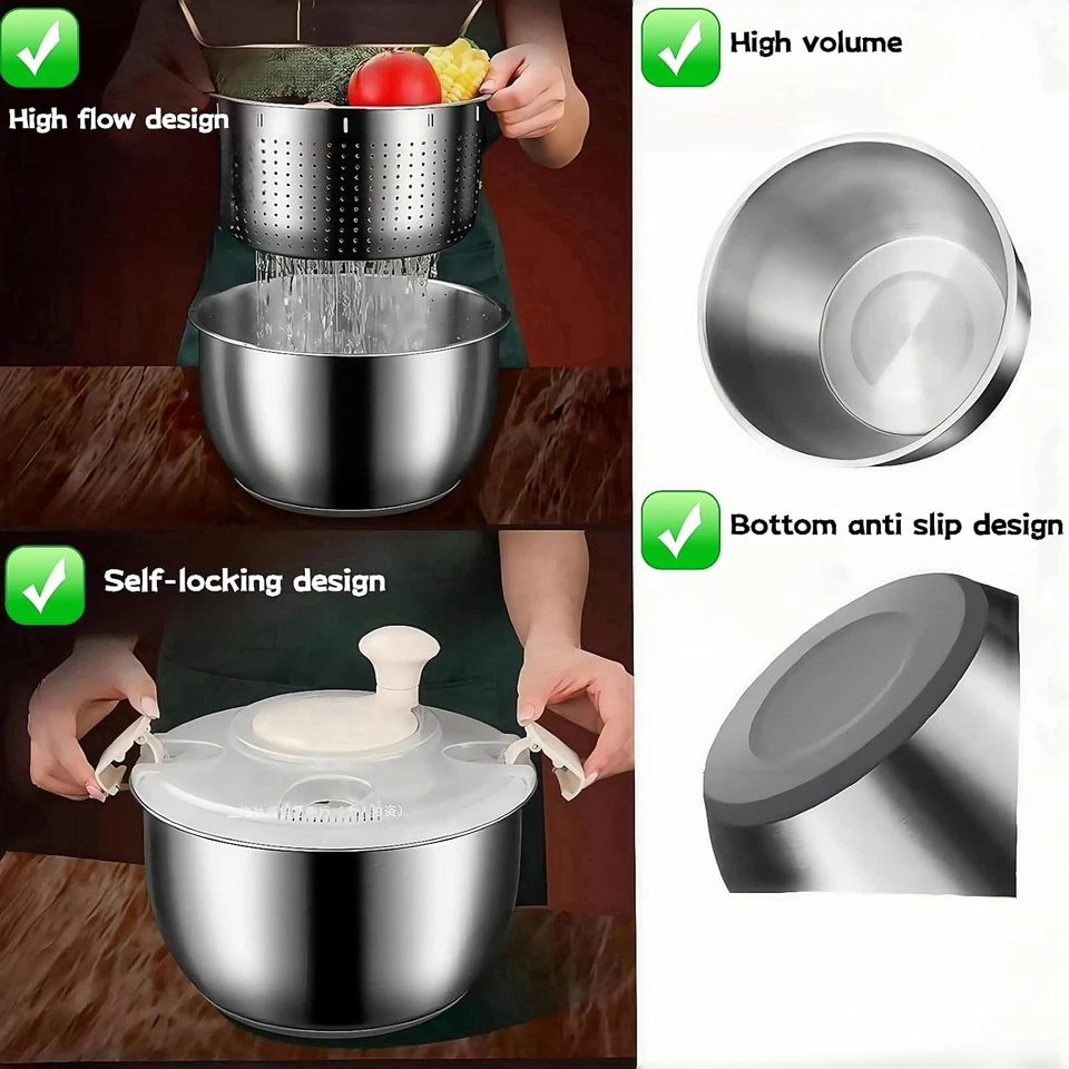 6L Stainless Steel Salad Spinner, Vegetable Spinner, Lettuce SpinnerFruit Washer - Image 3 of 4