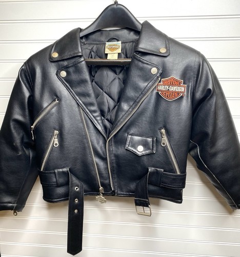 Vintage Boys Harley Davidson Motorcycle Black Faux Leather Jacket Youth Size 7