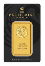 Pure Gold Bar 100G Perth Mint Australia 3983.51 per troy oz
