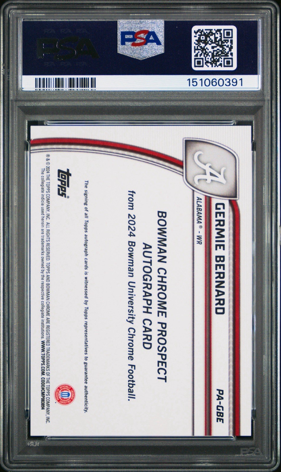 2024 Bowman University Chrome - Chrome Prospect Autographs Germie Bernard PSA 9 view 2