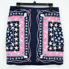 Talbots Skirt Womens 8 Navy Blue Pink Seashells Pique Pencil Lined Zip Nautical