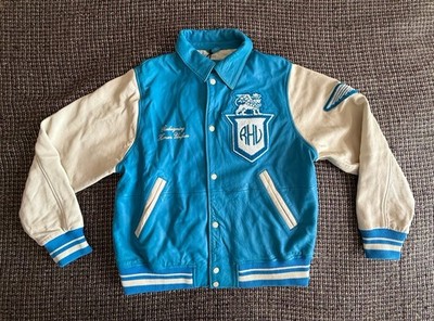 RHUIGI ZARA Men's Milk/Blue Patched Sheep Leather Varsity Jacket Size L