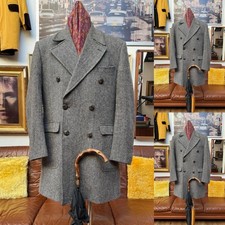 Vintage Herringbone Men's Overcoat Tweed Long Jacket Peak Lapel Winter Outdoor