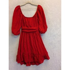 Red Square Neck Puff Sleeve Ruffle Hem Mini Dress Women's Size Small