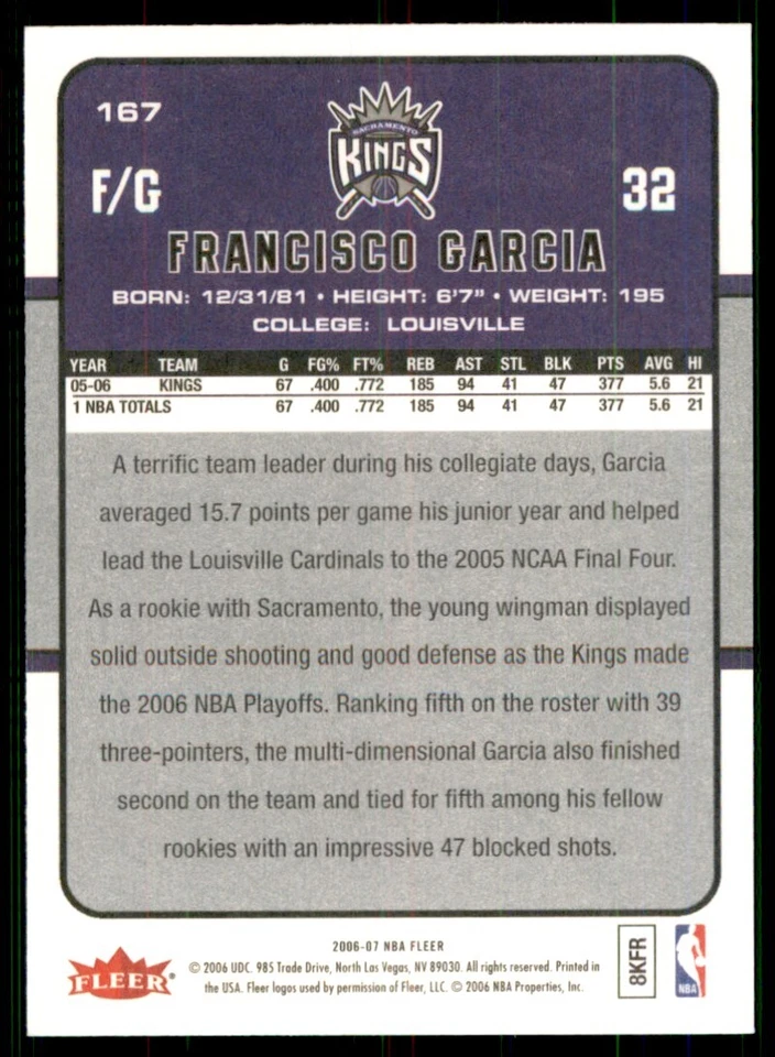 2006-07 Fleer Francisco Garcia Sacramento Kings #167 - Image 2 of 2