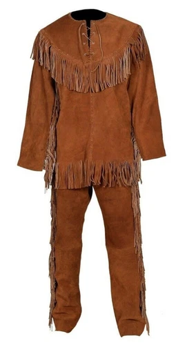 Men Native American Western Mountain Style Suede Leather Fringe Shirt & Trouser