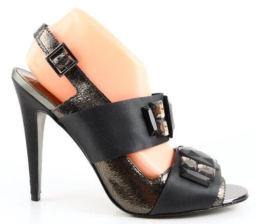 $425 TORY BURCH HEIDI Black Satin Anthracite Designer Heels Evening Sandals 10 - Picture 2 of 4