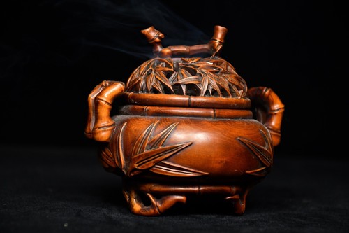 4.4'' China Antique wood Incense burner natural Old Boxwood censer Bamboo - Picture 6 of 9