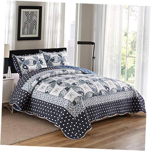 Reversible Patchwork Bedspreads Quilt Set 3 King Blue Leaves Floral Pattern