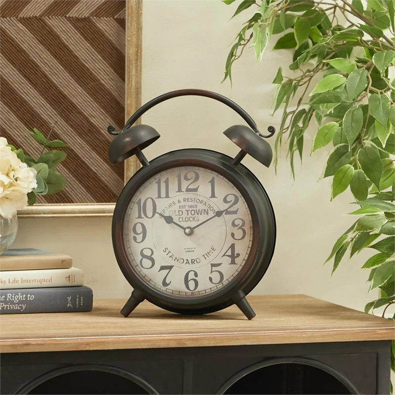  Leeds & Co 13"H x 10"W Black Metal Vintage Table Alarm Style Large Clock - Image 2 of 4