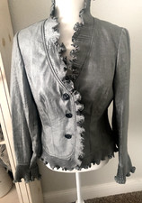 Sz 6 S ADRIANNA PAPELL EVENING ESSENTIAL Silver JACKET TOP Button Ruffle
