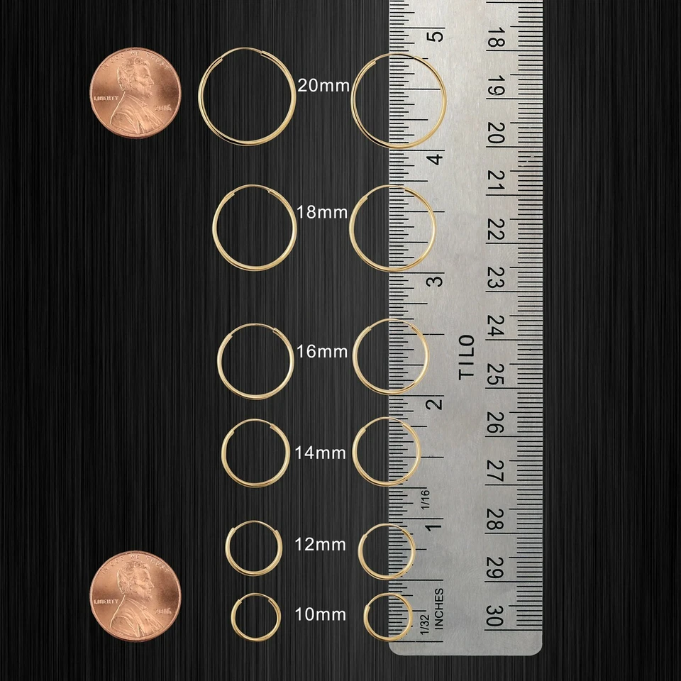 14K Real Solid Yellow Gold Round Endless Hoop Earrings 1mm Tube Hoops Ear Rings - Image 3 of 4