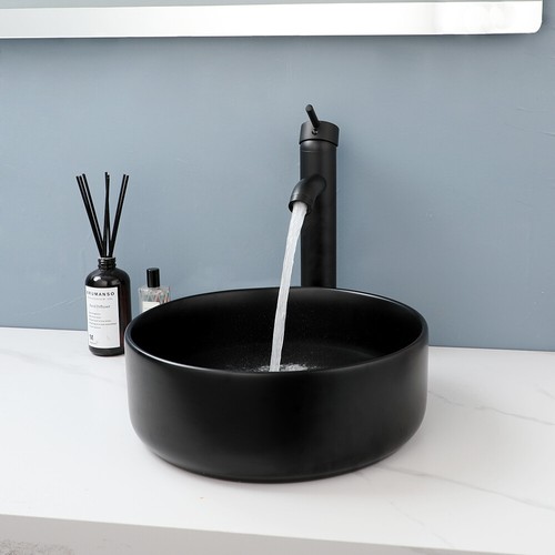 Bathroom Ceramic Vessel Sink Black Round Single Handle&Hole Mixer Deck Mount Tap - Picture 3 of 8