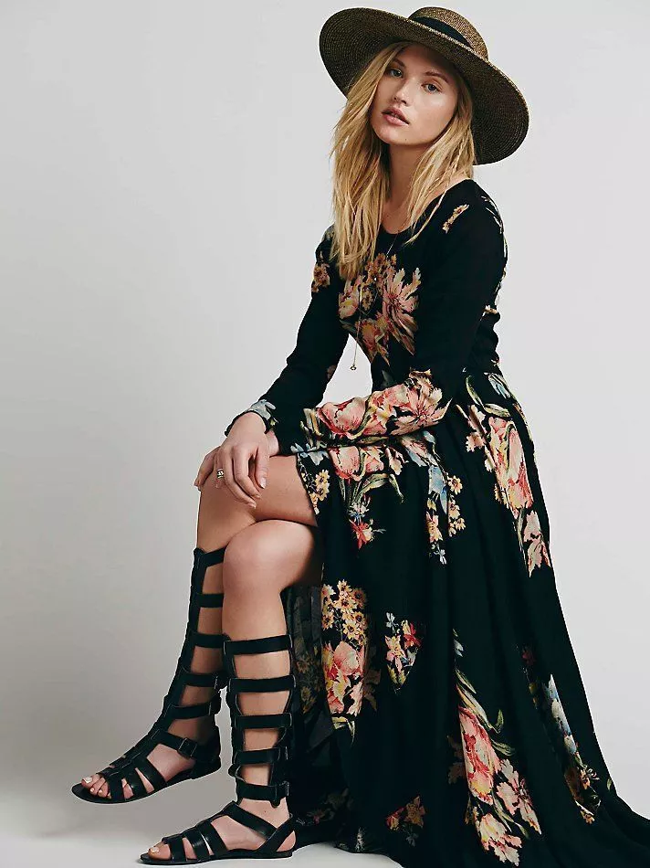 Free People First Kiss Black Garden Floral Print Boho Maxi Dress Gown Xs  Rare | Ebay