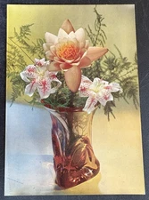 art postcard vintage 1950s Egypt Lilies flowers in glass vase v midcentury look