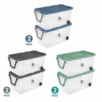 Sterilite 160 Qt XL Rugged Wheeled Storage Bins Clear Latching Lid Handle 2 Pack
