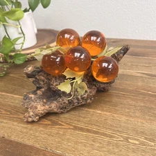 Vintage Lucite Acrylic  Amber Grapes on Wood Table Decor