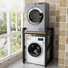 Black Height Adjustable Washer Dryer Stack Stands Over The Washer Storage Shelf 