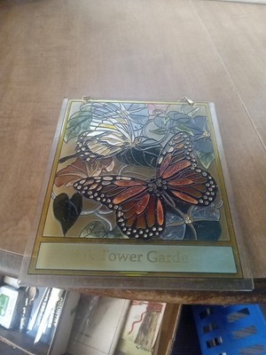 Vintage Butterflies & Wildflowers Hand Painted Glass Suncatcher By AMIA 6 X 5