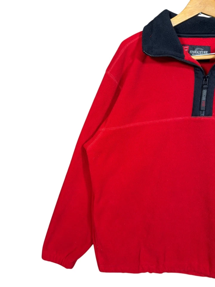 VINTAGE Structure Sport Jacket Men L Red Fleece 1/4 Zip Pullover Thick 90s - Image 3 of 4
