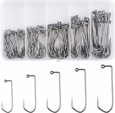 90 Degree Jig Hooks Kit,125Pcs Aberdeen Fishing Hooks Long Shank Forged Barbaria