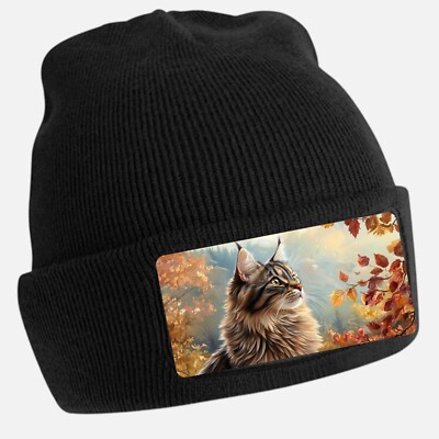 Black Cool Cat Print Beanie Hat - Unisex Cap, Cotton