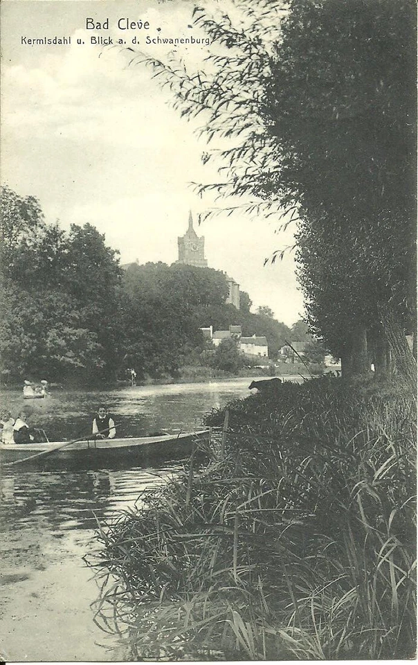 AK Kleve (Bad Cleve) -Fluss Kermisdahl, Ruderboot, Schwanenburg, Rind -1911 gel. - Bild 1 von 2