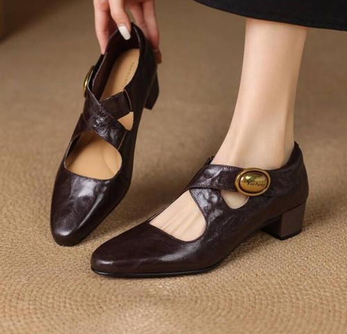 Modische Damenschuhe spitz zulaufend Kreuzriemen Blockabsatz Leder schwarz Pumps  - Bild 4 von 10