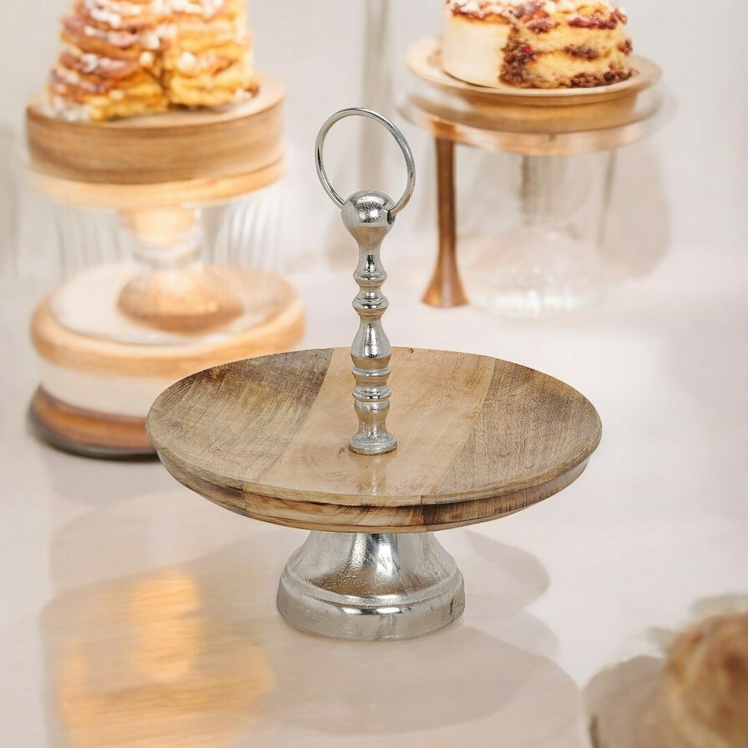 Etagere 1 Teller mit Griff Ø30 cm Holz Metall Sockel Deko Tisch Kommode Blumen