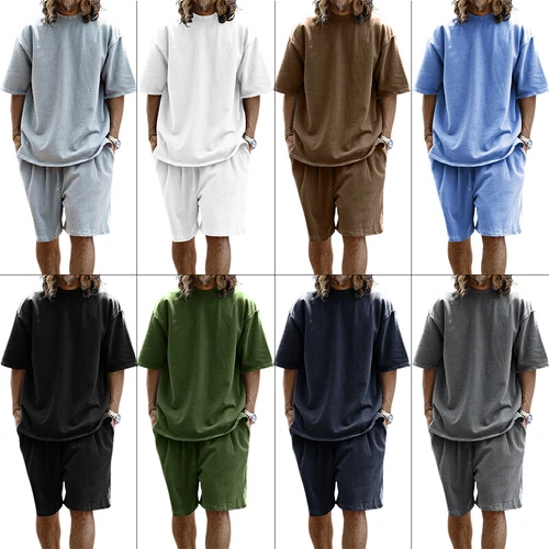 Men Loose Pure Solid Sports Short Sleeve T Shirt Shorts Set Outfit Sportswear - Picture 3 of 32