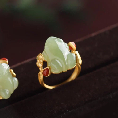 Green Jade Frog Rings Natural 925 Silver Women Adjustable Ring Jewelry Carved