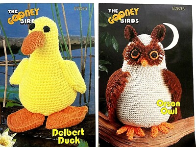 Lot of 2 Vtg. Crochet pattern Annie's Attic. The Gooney Birds Owl & Duck toys