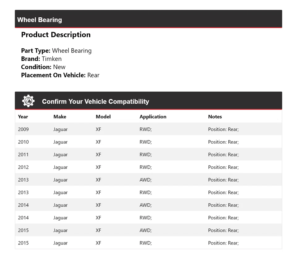 Cojinete de rueda trasero Timken 2010 2011 2012 2013 2014 para Jaguar XF 2009-2015 Foto 2 de 4