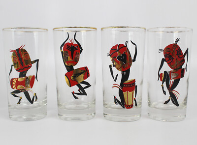 (4) Vintage Tiki Style, Masks, Bongo Drums Glass Tumblers