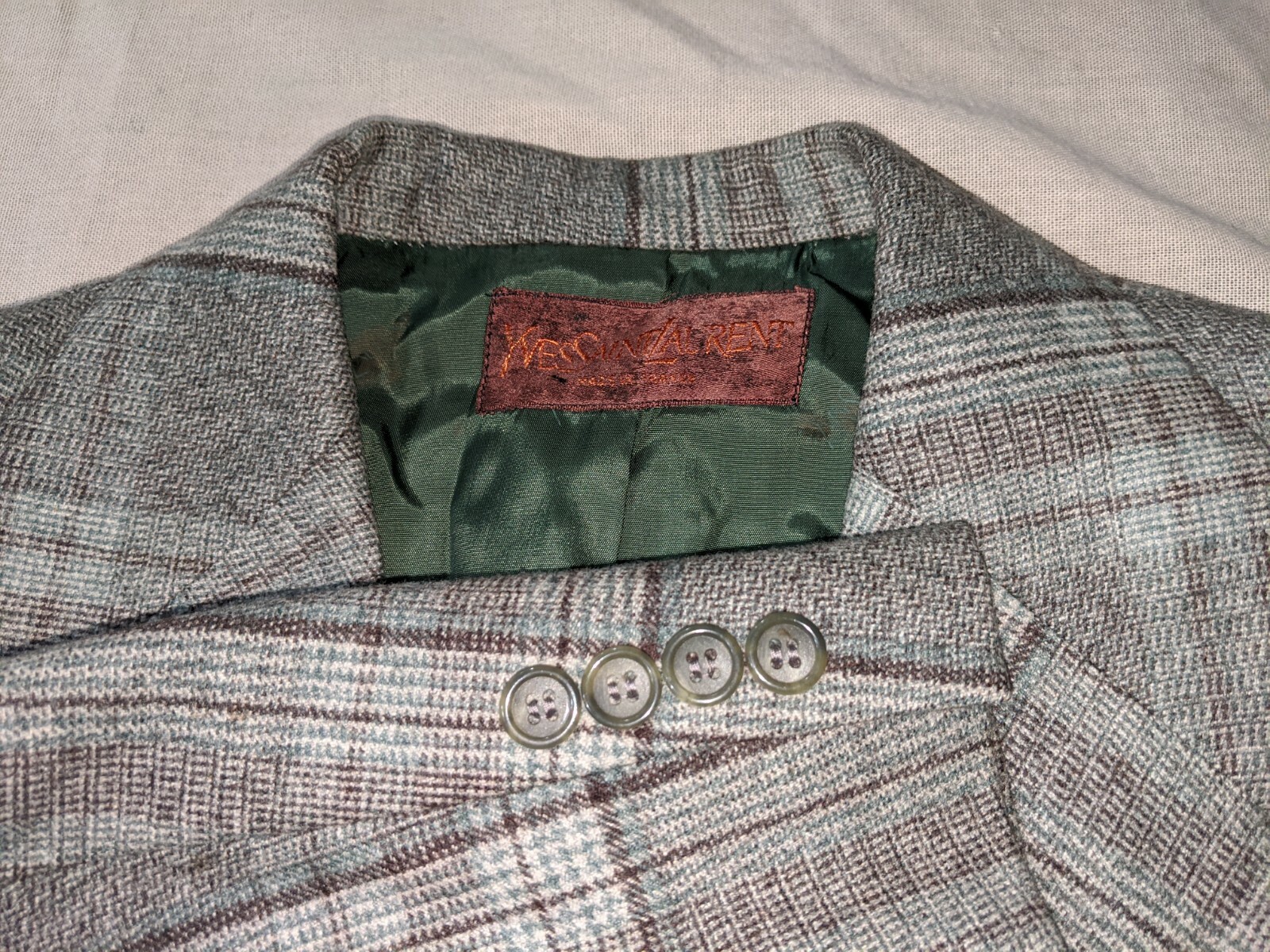 Giacca blazer cappotto sportivo tweed a quadri verde 36R Saint Laurent Francia vintage YSL