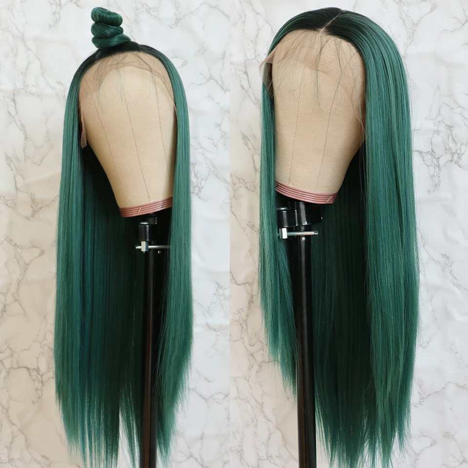 Pelucas delanteras de encaje verde ombre sintéticas resistentes al calor pelo largo liso suave EE. UU. Foto 4 de 4