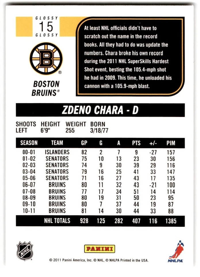 2011-12 Score Glossy Zdeno Chara #15 Boston Bruins - Image 2 of 2